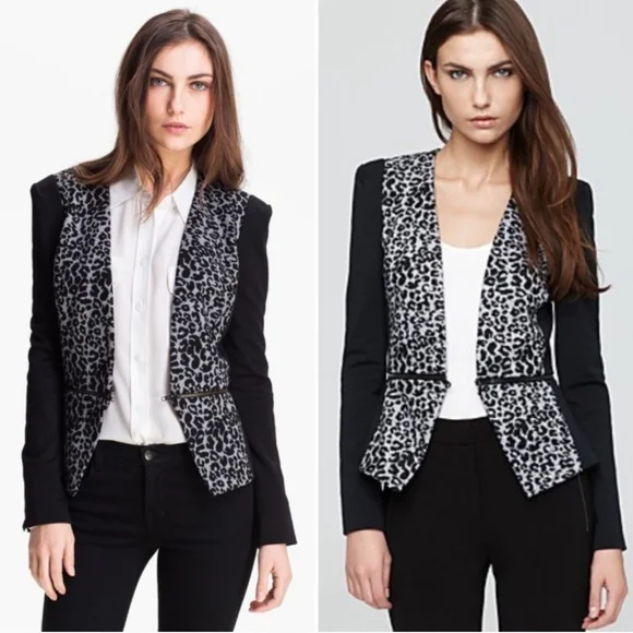 Rebecca Taylor Convertible Black Gray Leopard Print Peplum Knit Blazer Size 8 - Picture 2 of 11
